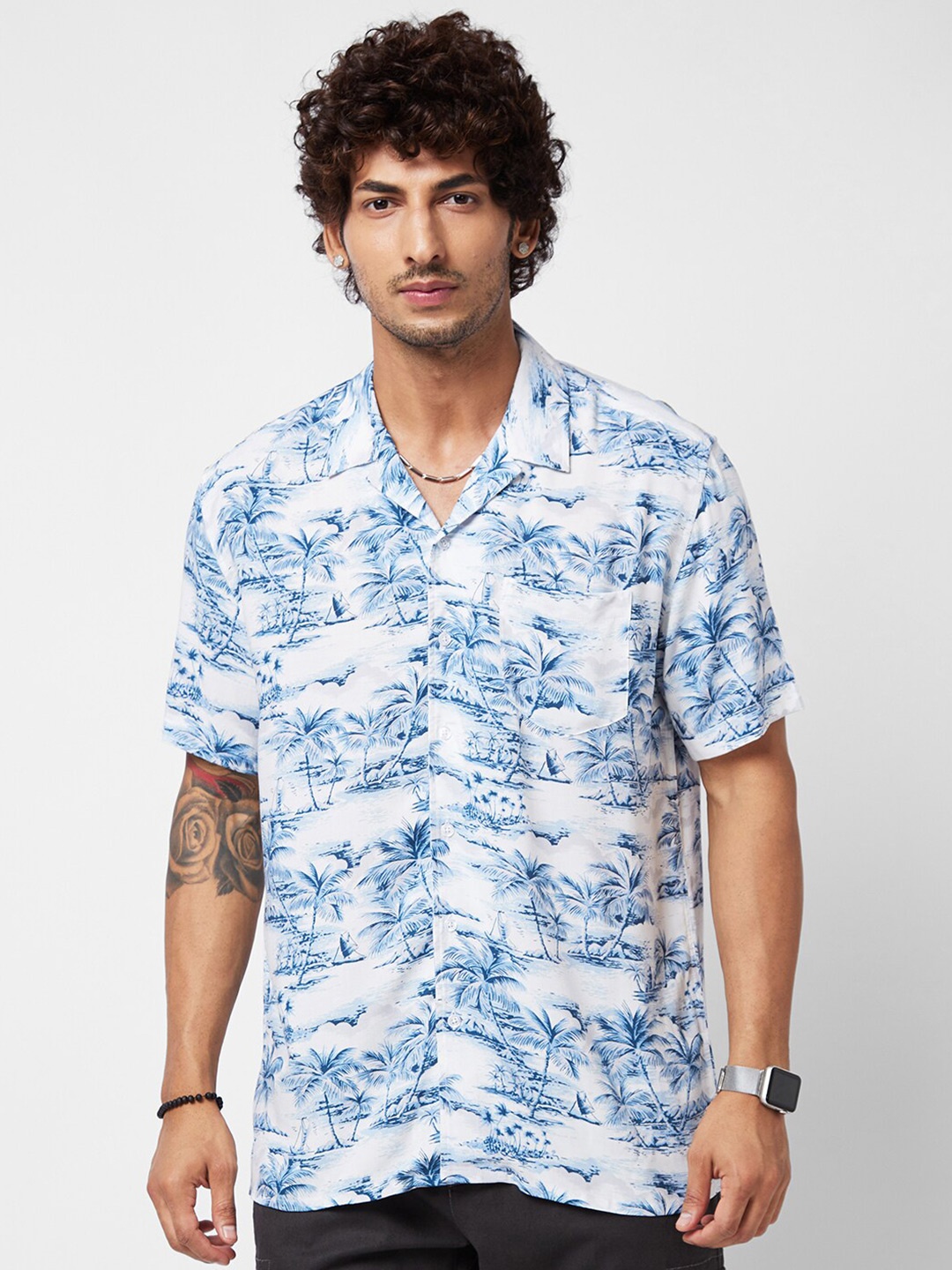 VASTRADO Classic Trpoical Printed Cuban Collar Oversized Shirt, White