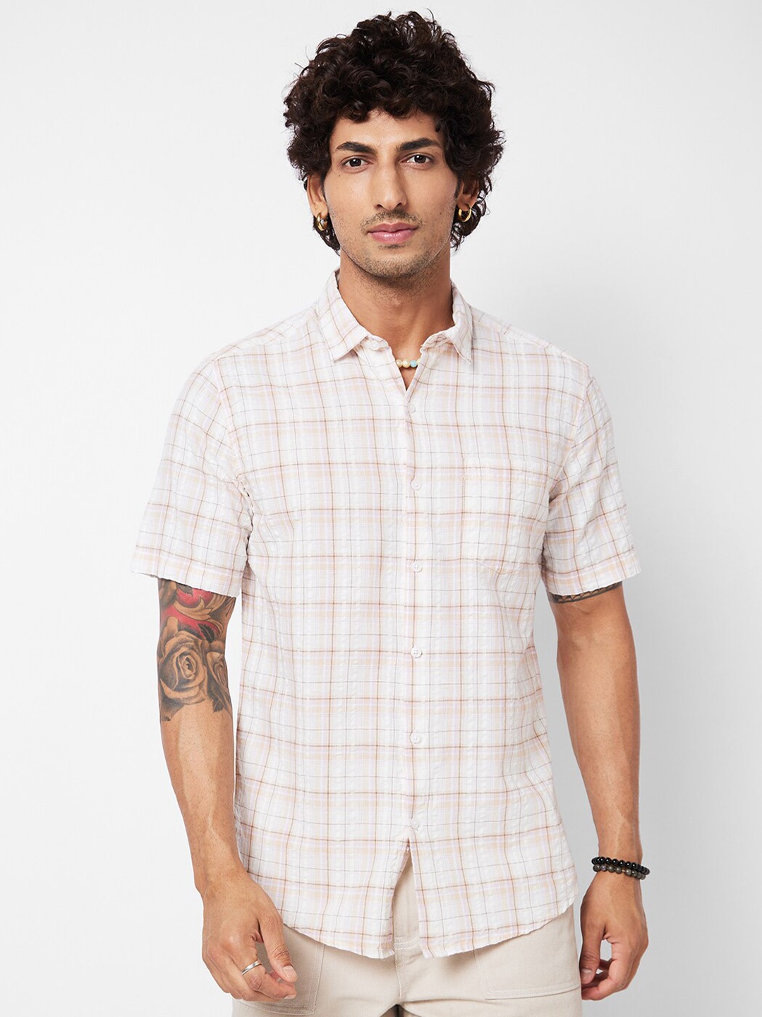

VASTRADO Classic Slim Fit Tartan Checks Spread Collar Cotton Shirt, White