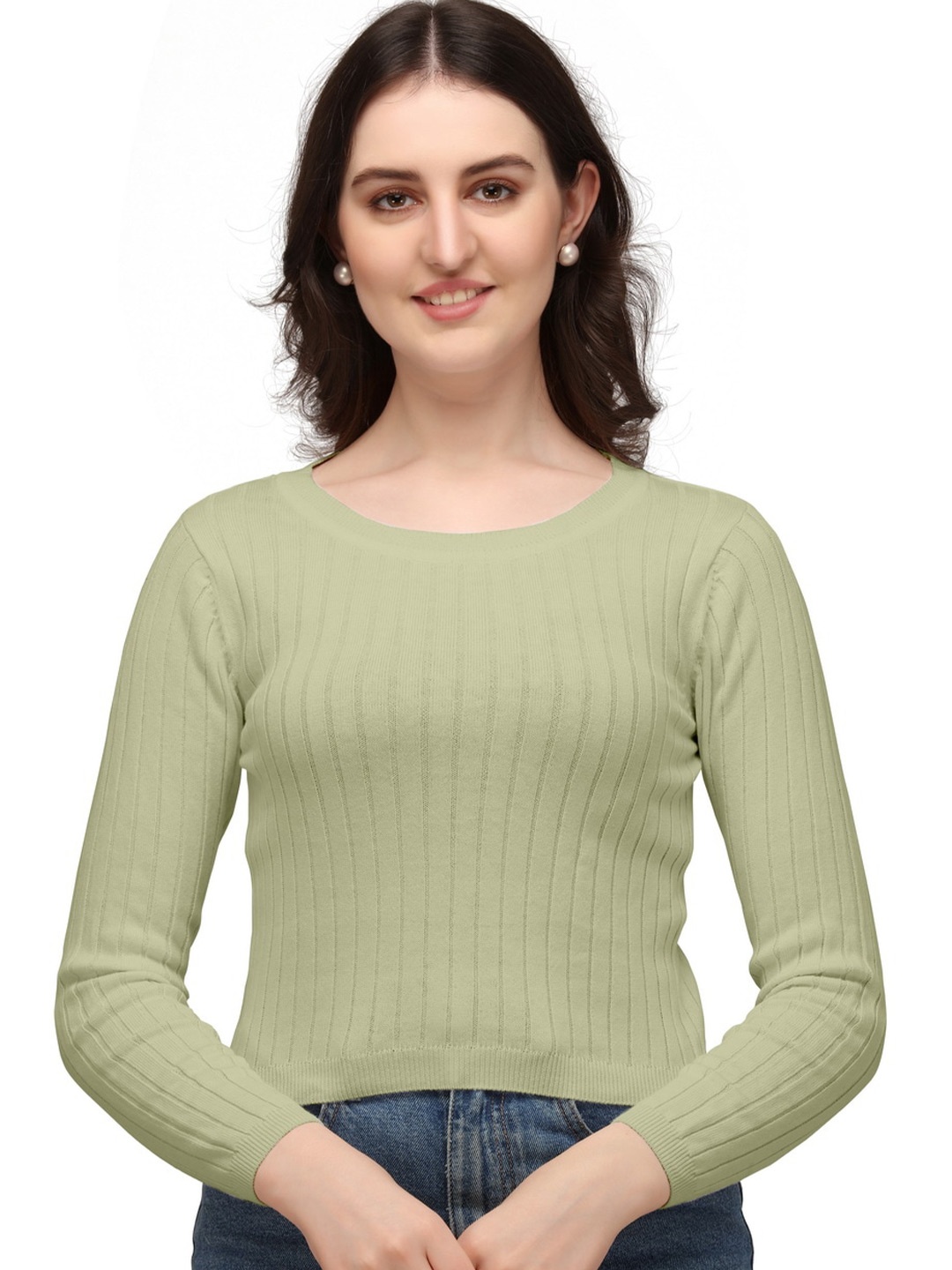 

BAESD Ribbed Round Neck Cotton Fitted Top, Green