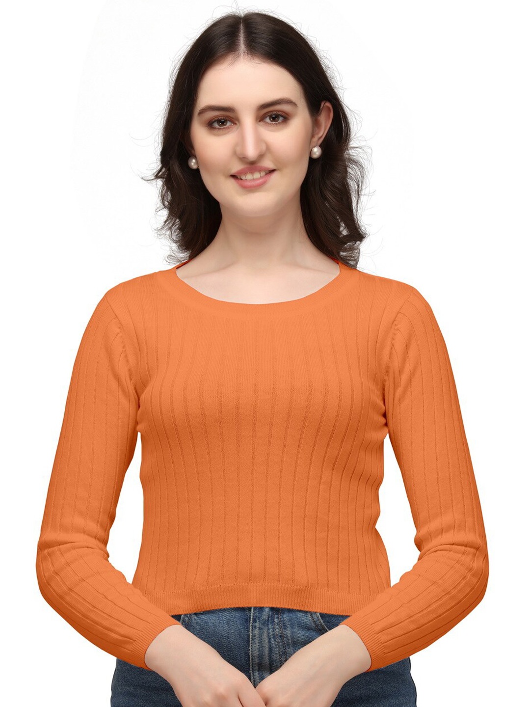 

BAESD Ribbed Round Neck Cotton Fitted Top, Orange