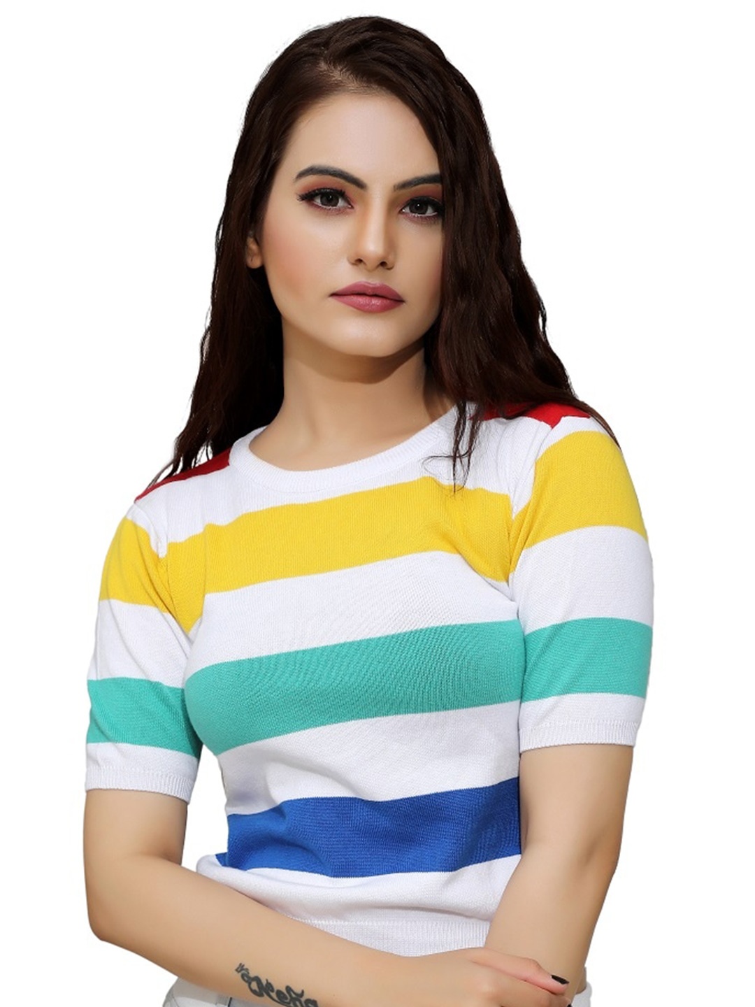

BAESD Striped Round Neck Woolen Crop Top, White
