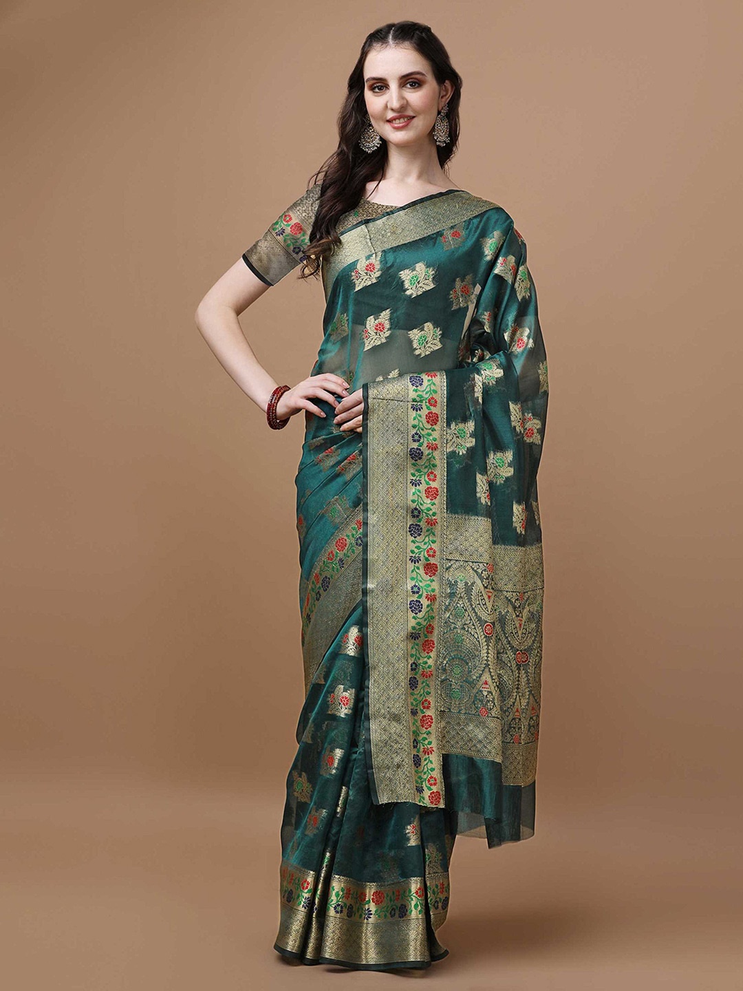 

Mitera Teal Green Ethnic Motifs Woven Design Zari Organza Saree