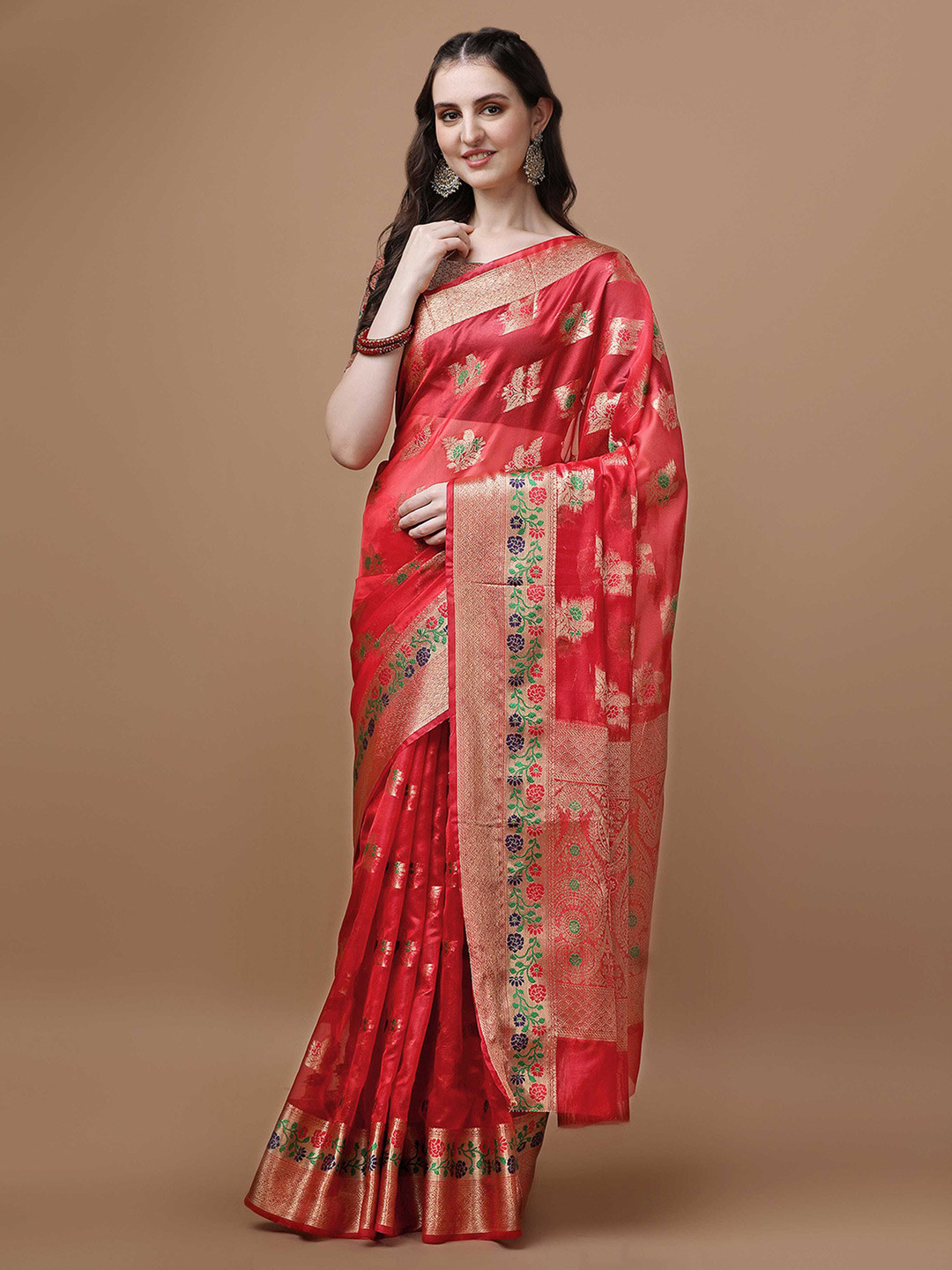 

Mitera Red Ethnic Motifs Woven Design Zari Organza Saree