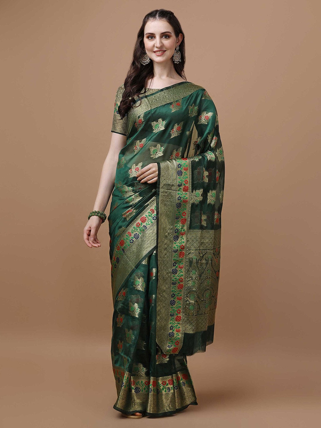

Mitera Ethnic Motifs Woven Design Zari Organza Saree, Green
