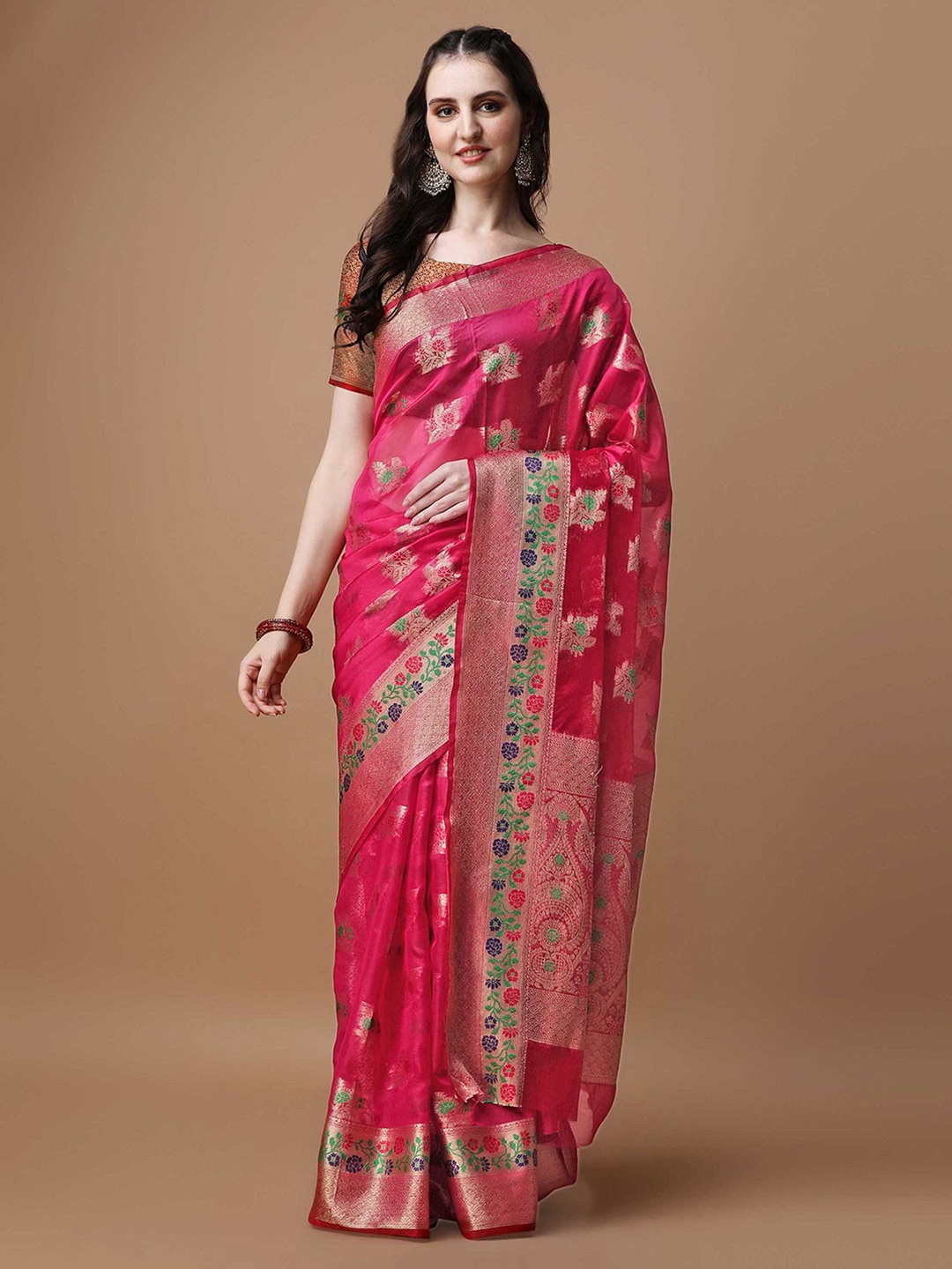 

Mitera Pink Ethnic Motifs Woven Design Zari Organza Saree