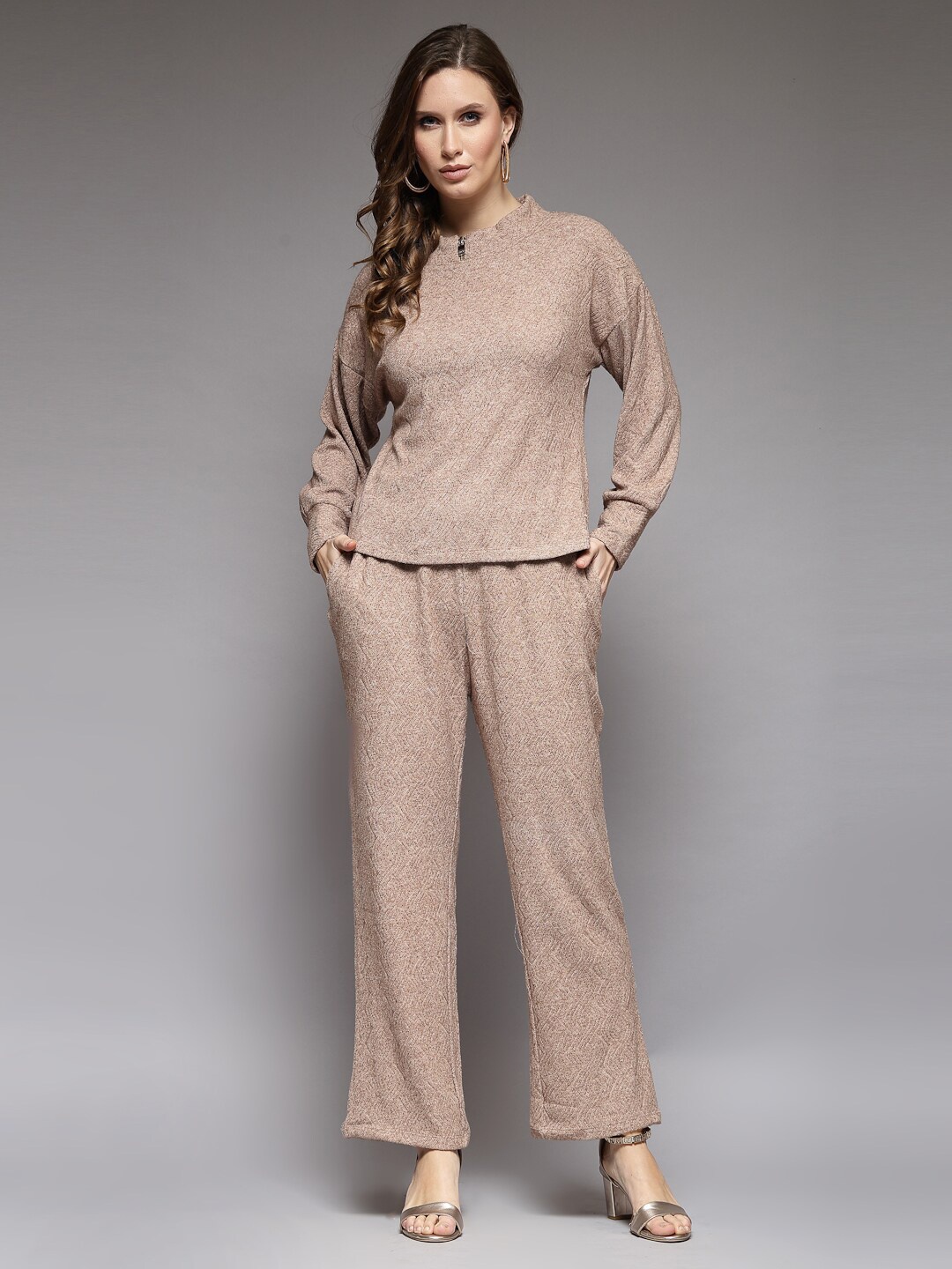 Juelle Knitted Self Design Drop-Shoulder Sleeves Woollen Sweater with Trousers, Khaki