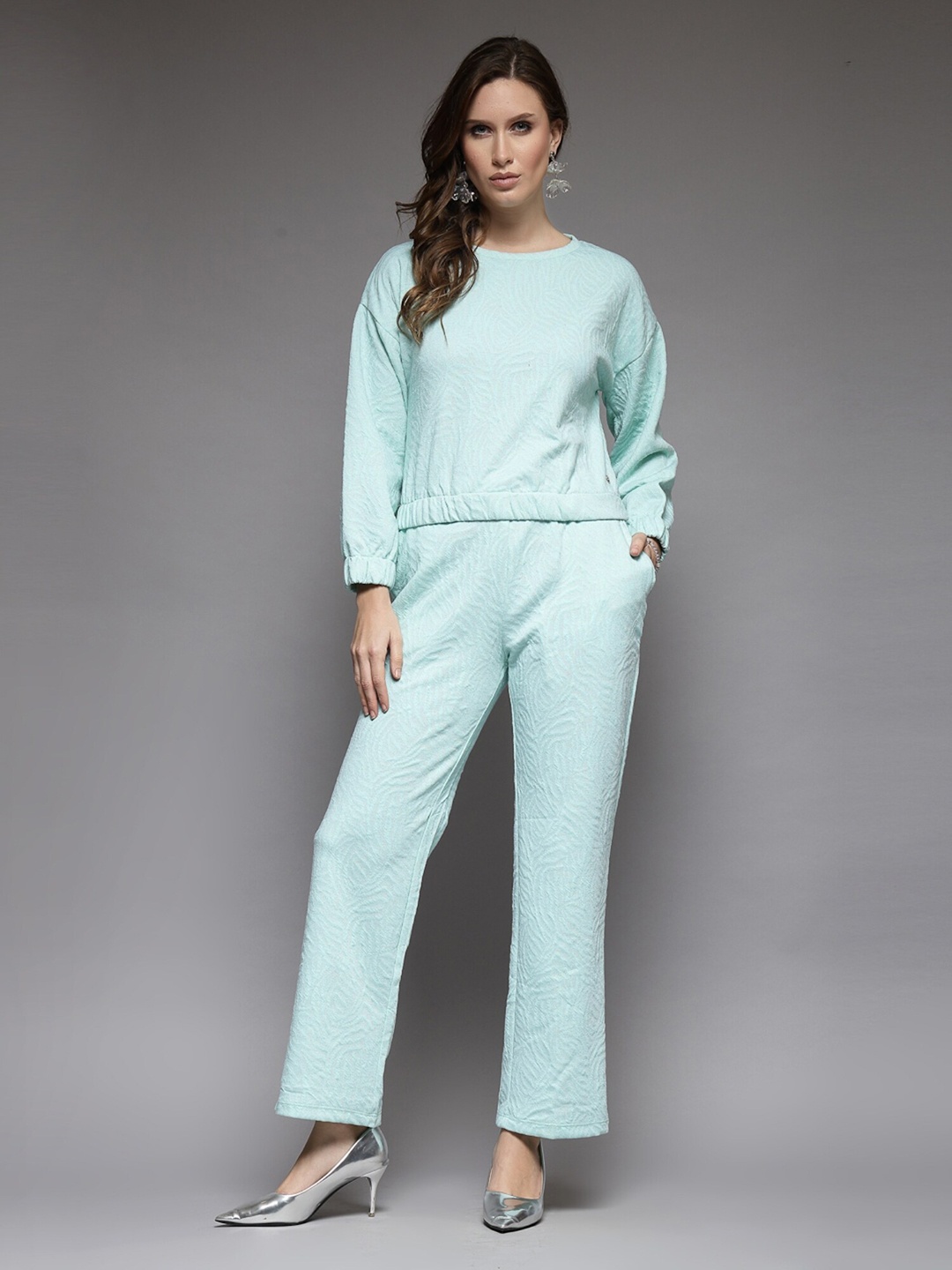 

Juelle Self Design Drop-Shoulder Sleeves Woolen Sweater with Trousers, Turquoise blue