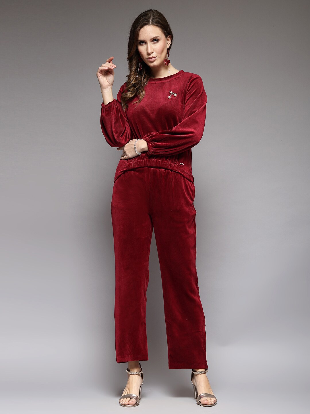 

Juelle Self Design Long Sleeves Winter Top And Trouser, Maroon