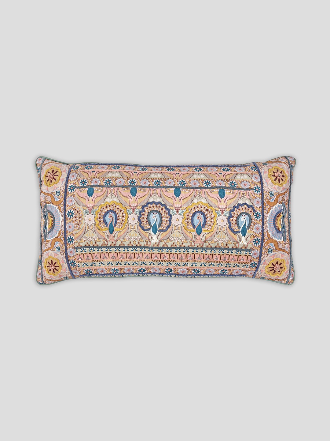 

HOUMN White & Green Ethnic Motifs Cotton Rectangle Cushion Cover
