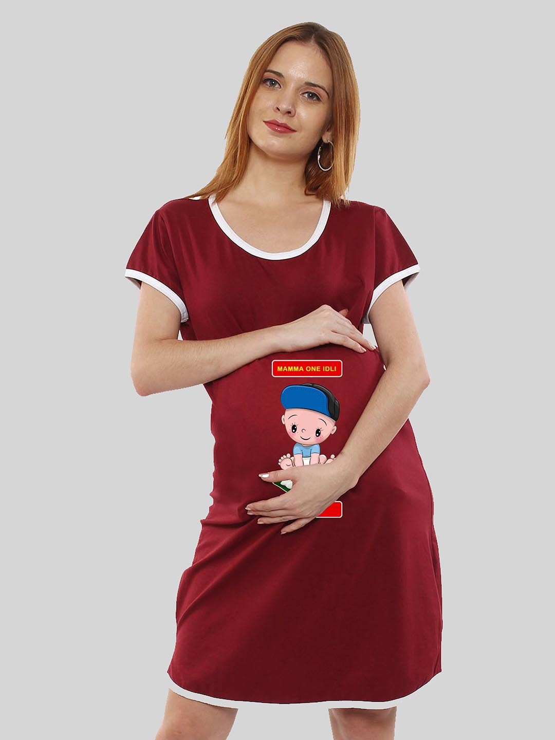 

SillyBoom Graphic Printed Pure Cotton Maternity T Shirt Night Dress, Maroon