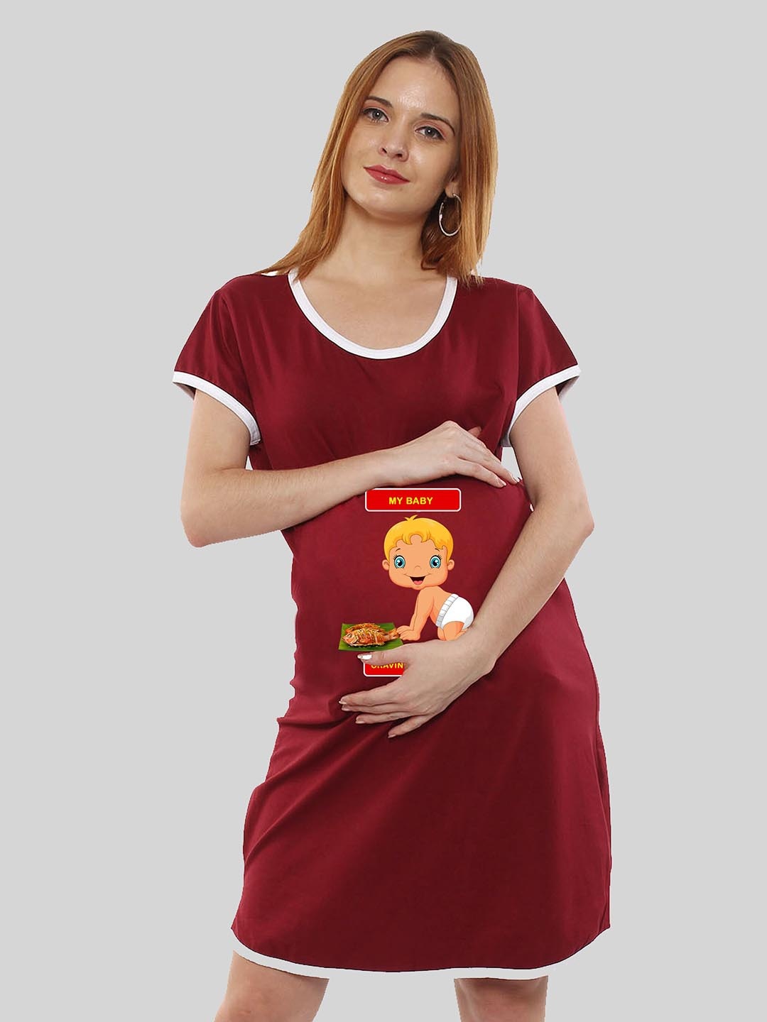 

SillyBoom Graphic Printed Maternity Feeding T-shirt Nightdress, Maroon