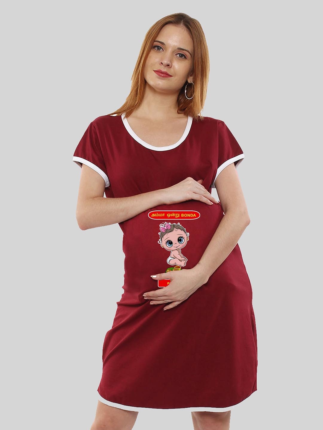 

SillyBoom Graphic Printed Pure Cotton Maternity T Shirt Night Dress, Red