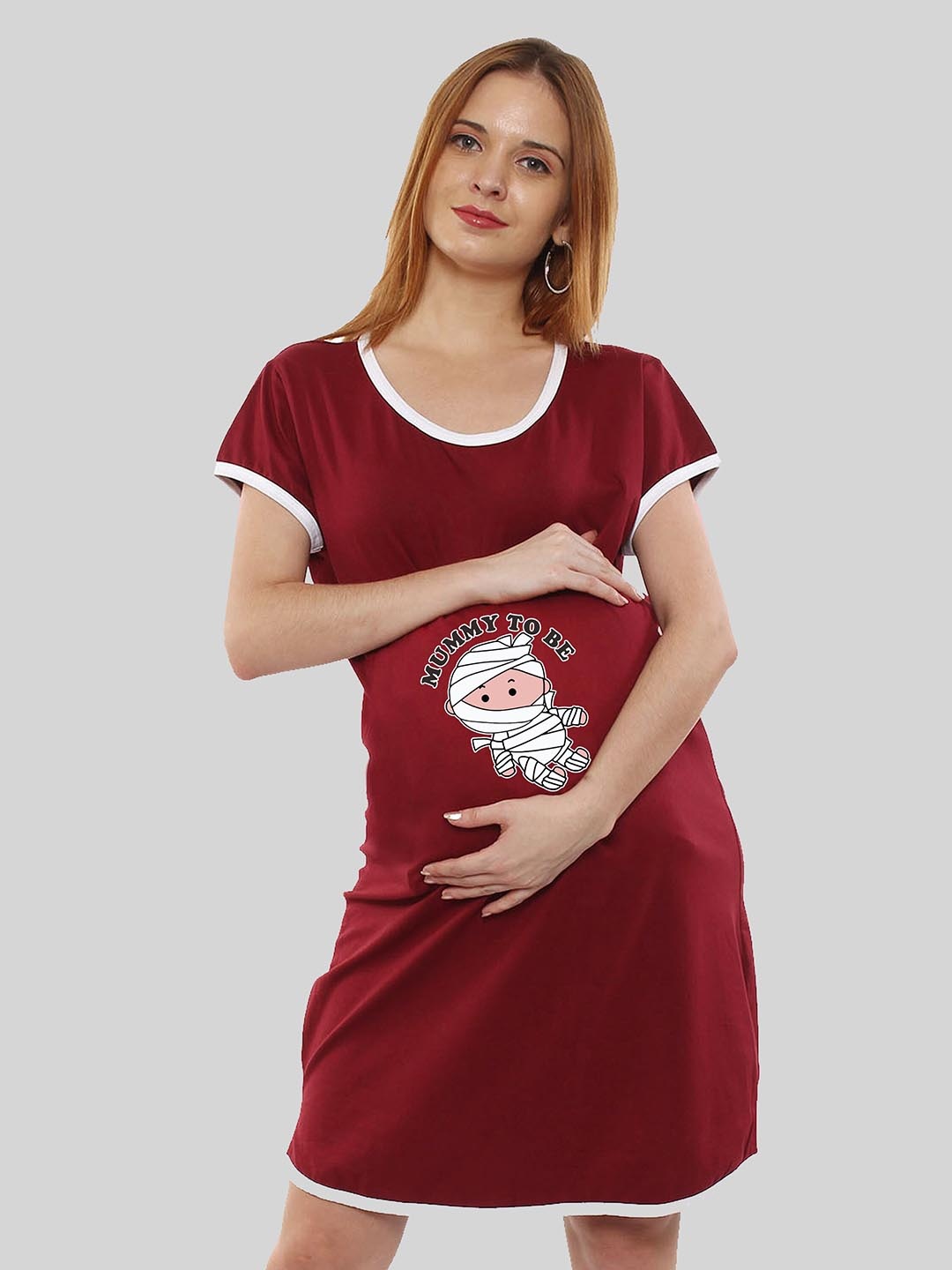 

SillyBoom Graphic Printed Pure Cotton Maternity T Shirt Night Dress, Red