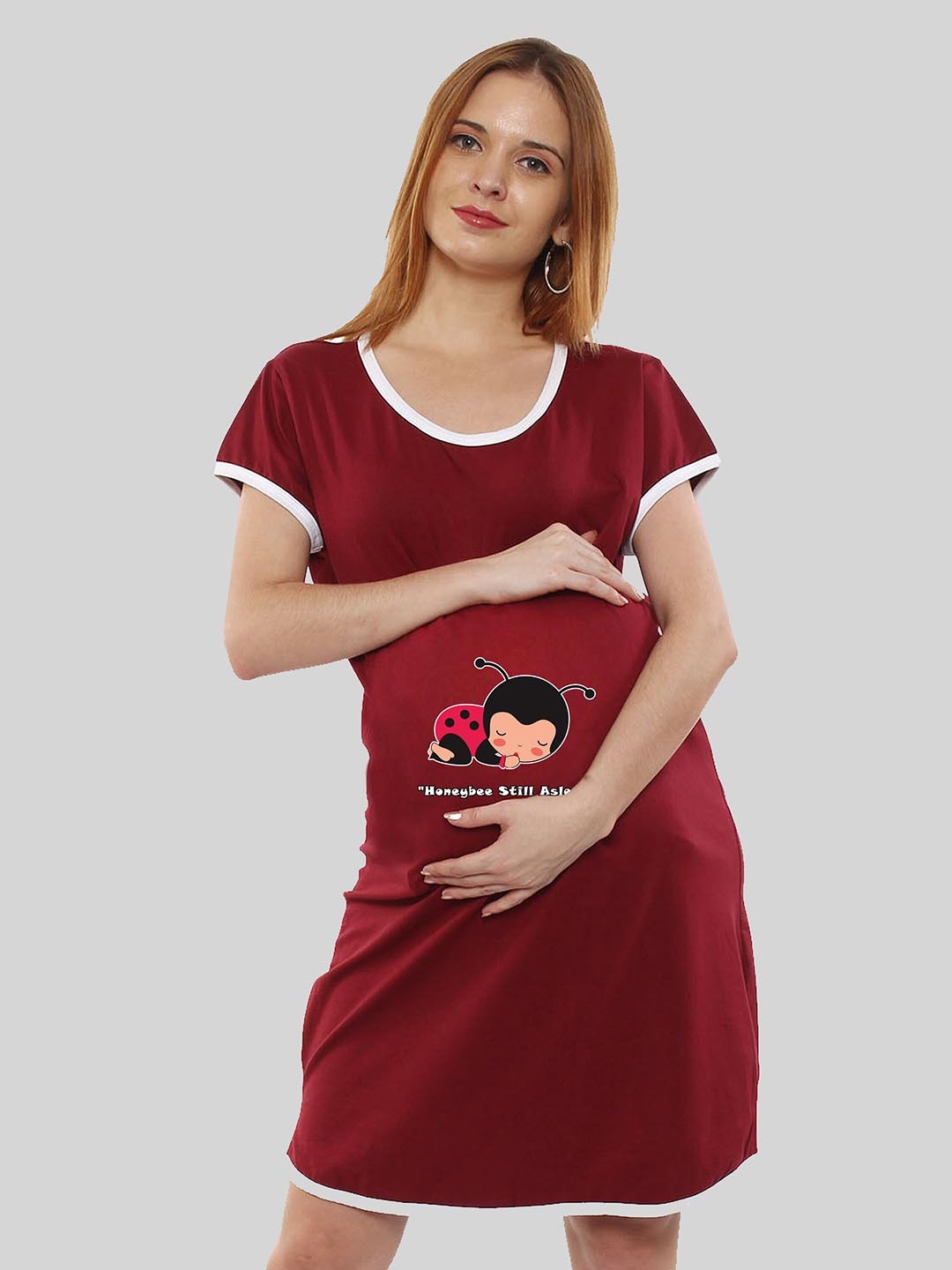 

SillyBoom Graphic Printed Maternity Feeding T-shirt Nightdress, Maroon