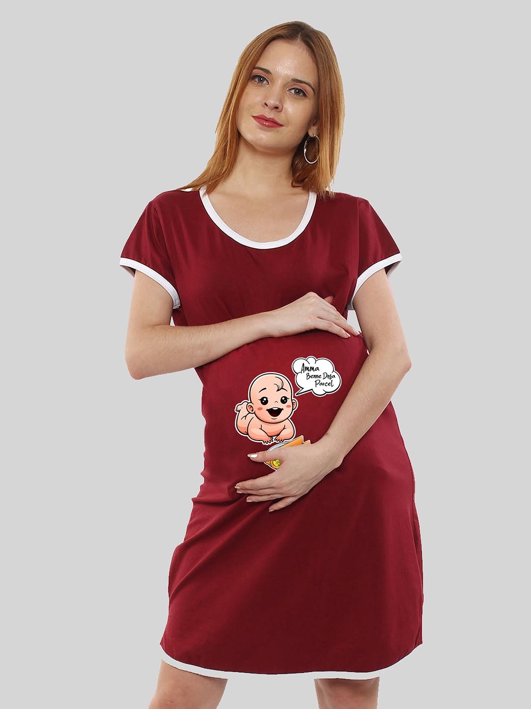 

SillyBoom Graphic Printed Round-Neck Maternity T-shirt Dress, Maroon