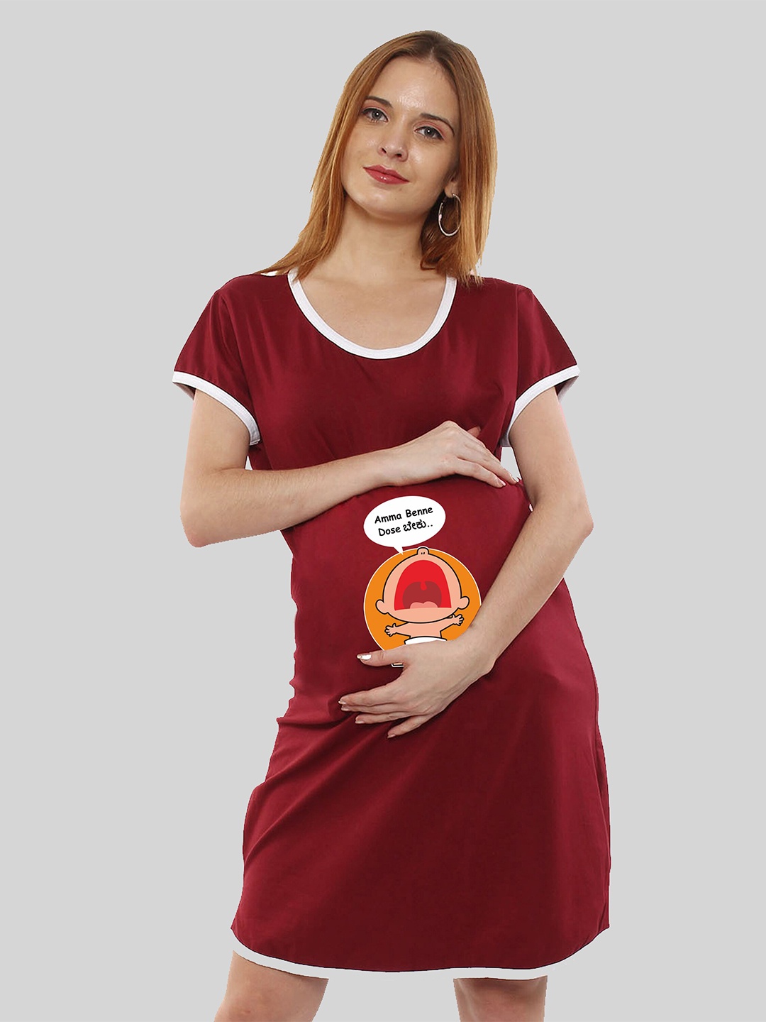 

SillyBoom Graphic Printed Round Neck Short Sleeves Maternity T-shirt Nightdress, Maroon