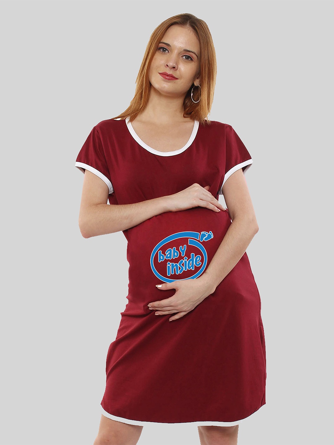SillyBoom Typography Printed Round-Neck Maternity T-shirt Dress, Red