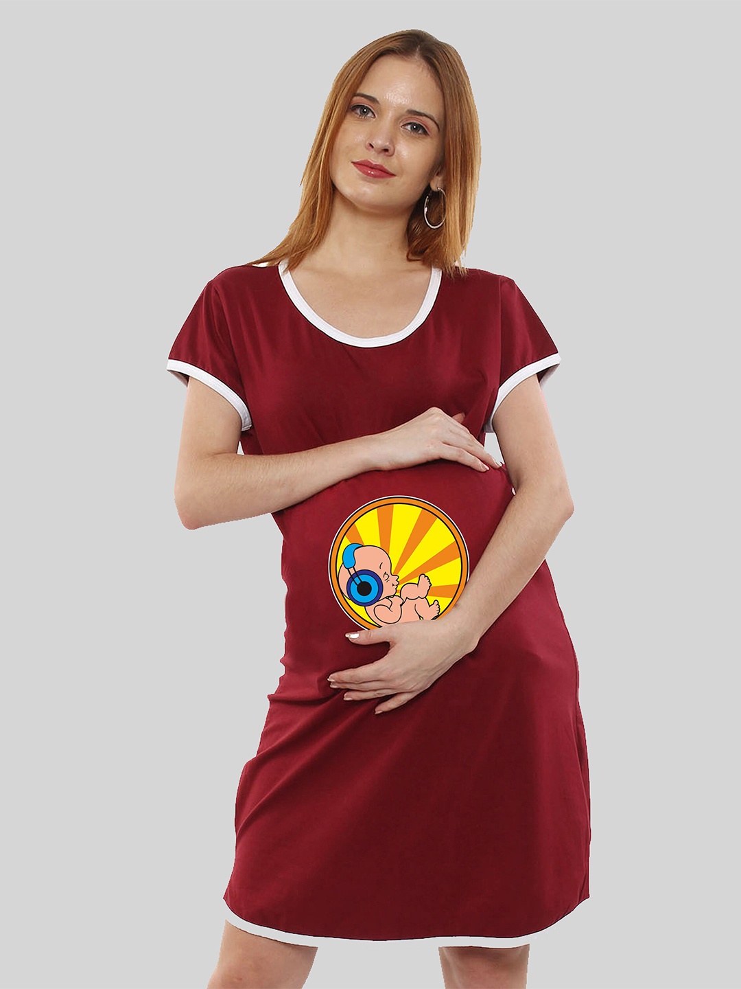 

SillyBoom Graphic Printed Maternity Feeding T-shirt Nightdress, Maroon