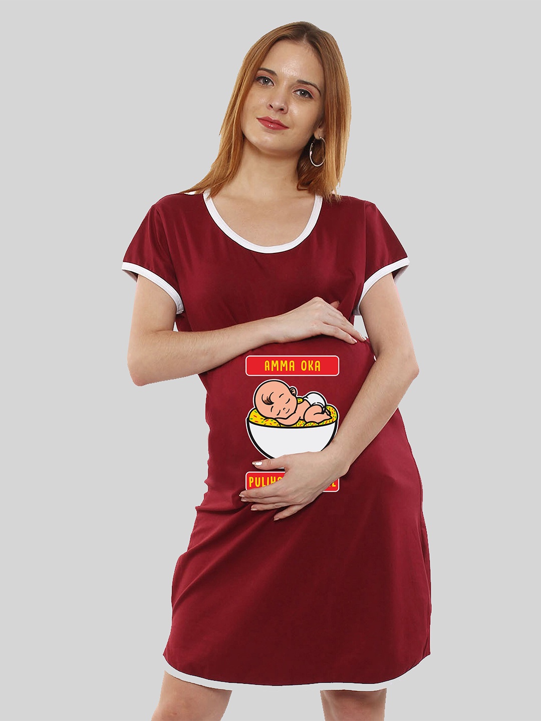 

SillyBoom Graphic Printed Round Neck Short Sleeves Maternity T-shirt Nightdress, Maroon