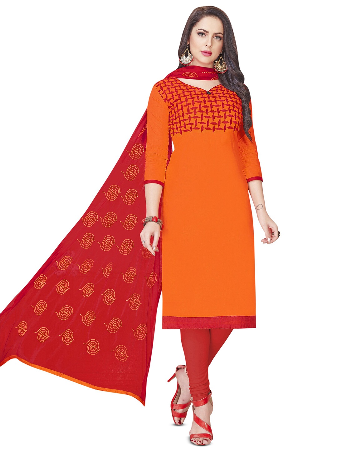 

MANVAA Geometric Embroidered Unstitched Dress Material, Orange