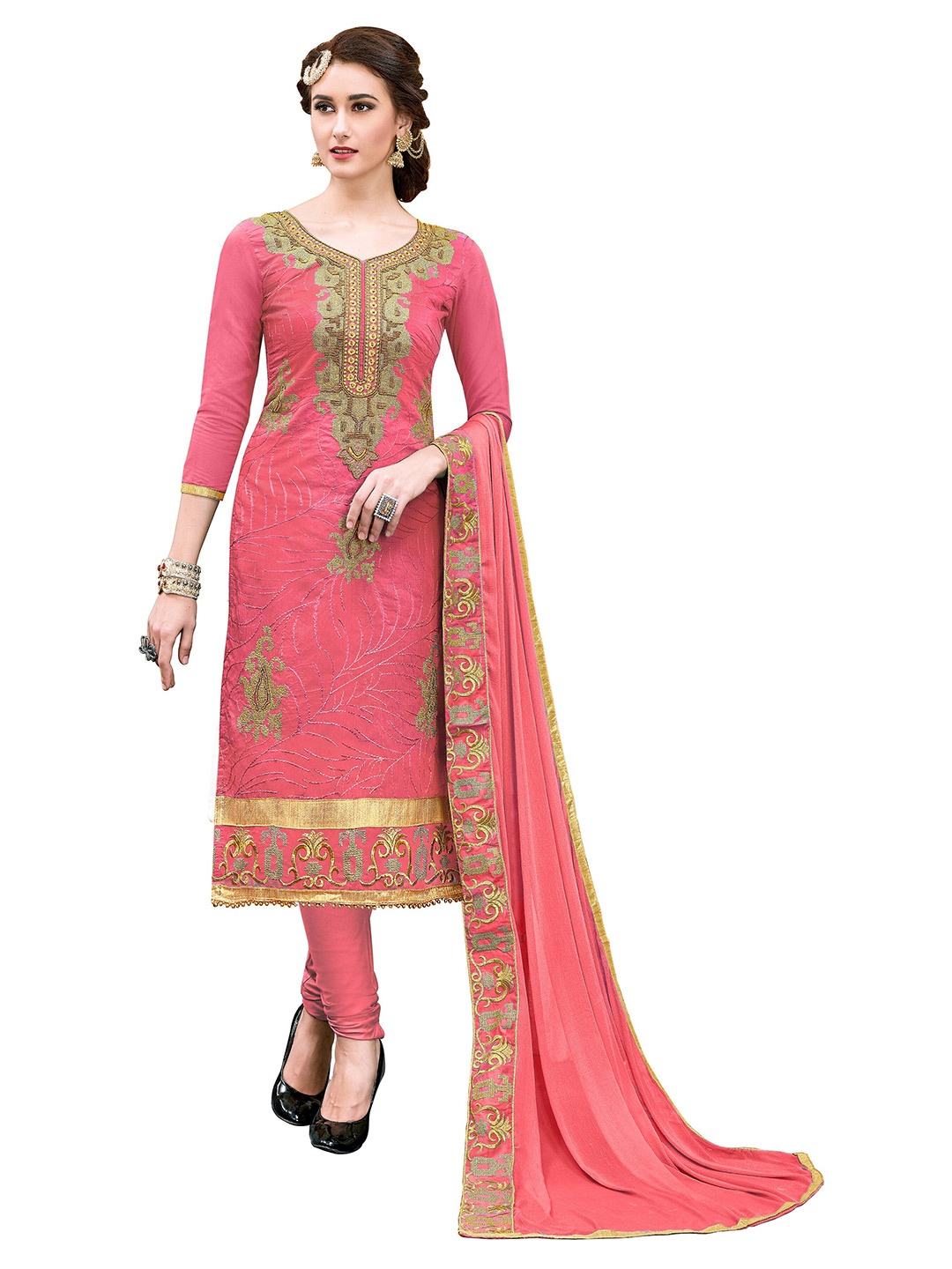 

MANVAA Ethnic Motifs Embroidered Pure Cotton Unstitched Dress Material, Peach