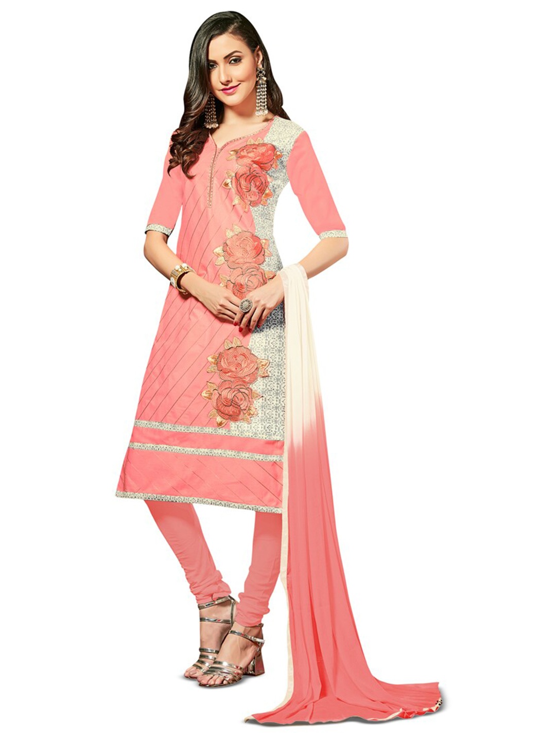 

MANVAA Floral Printed Unstitched Dress Material, Peach