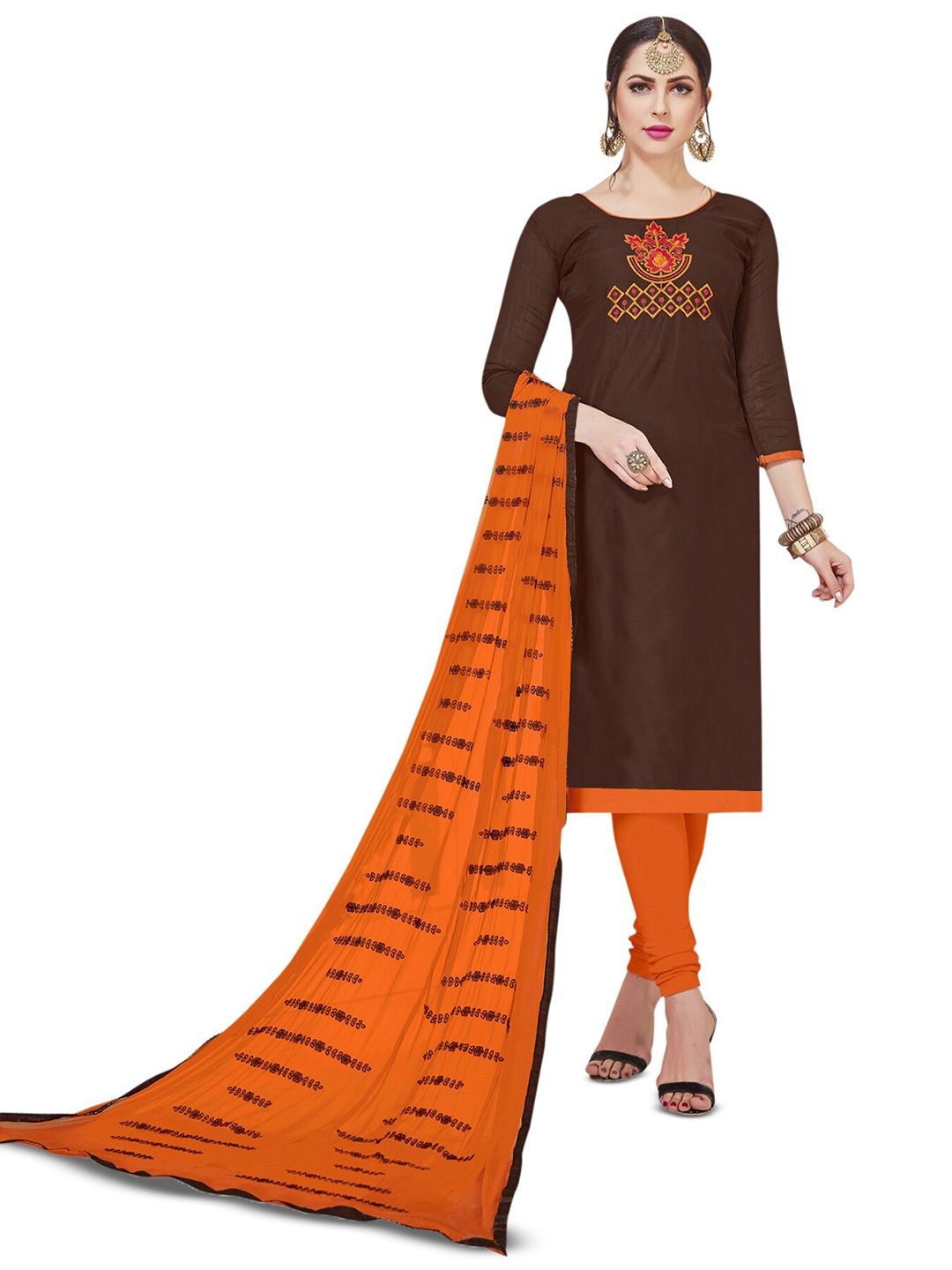 

MANVAA Ethnic Motifs Embroidered Unstitched Dress Material, Brown