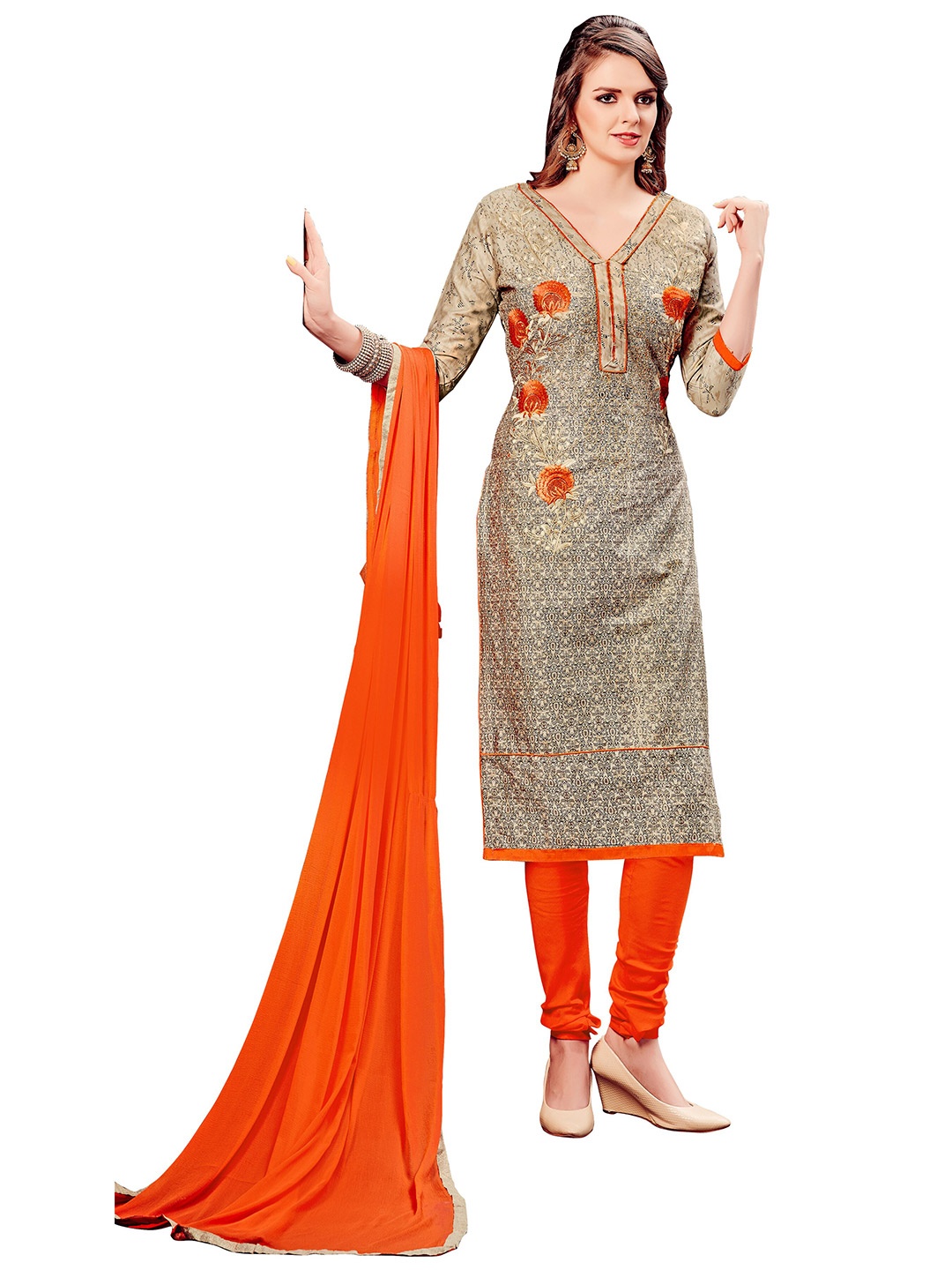 MANVAA Floral Embroidered Unstitched Dress Material, Beige
