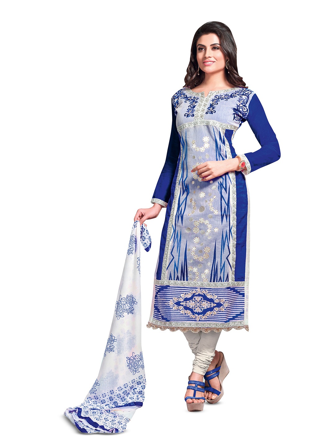 MANVAA Floral Embroidered Unstitched Dress Material, Blue