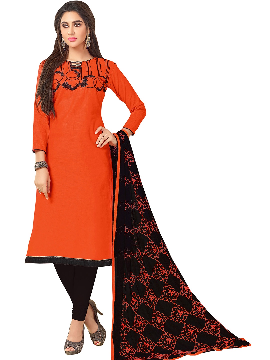 

MANVAA Ethnic Motifs Embroidered Pure Cotton Unstitched Dress Material, Orange