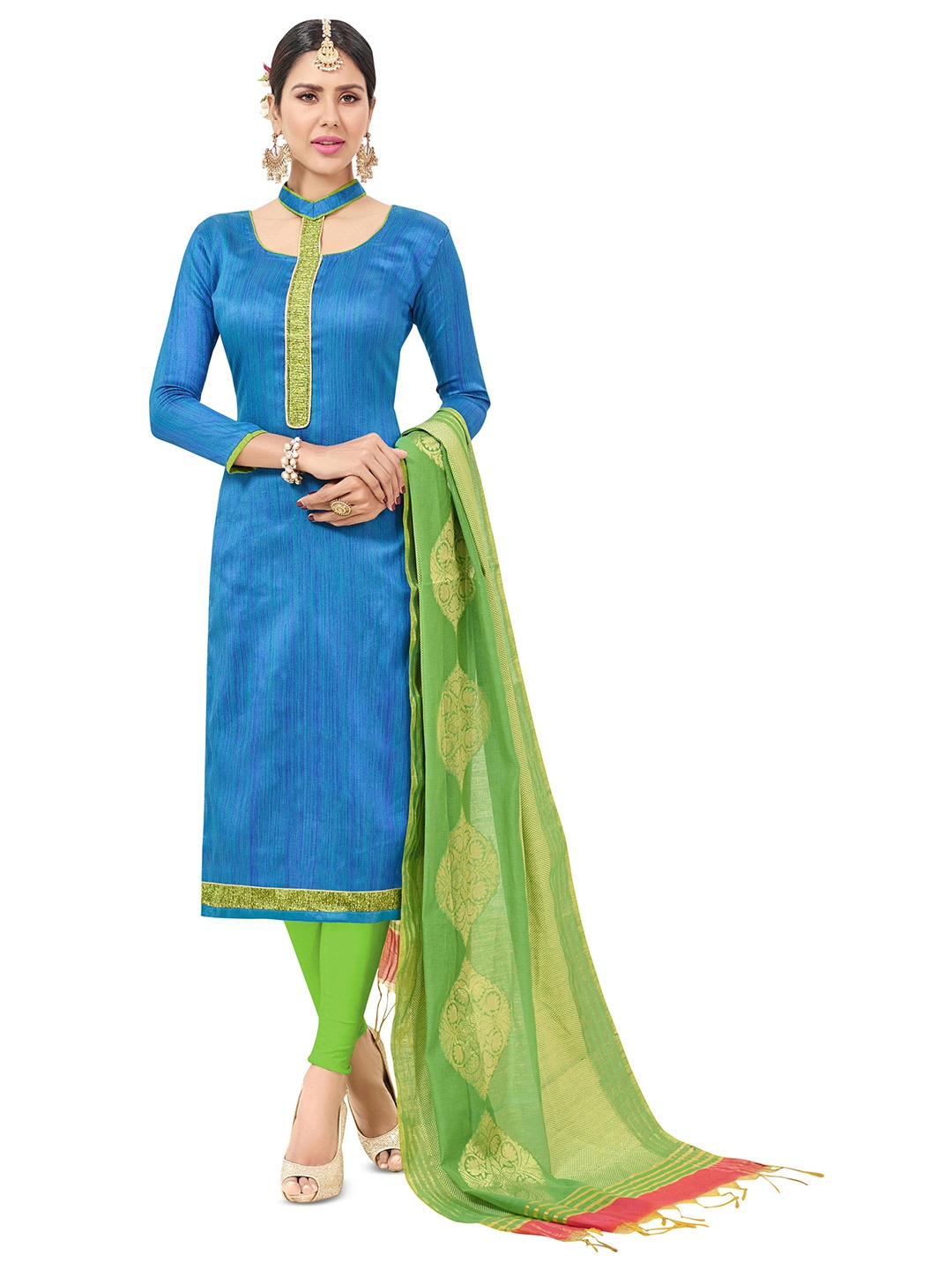 

MANVAA Striped Unstitched Dress Material, Blue