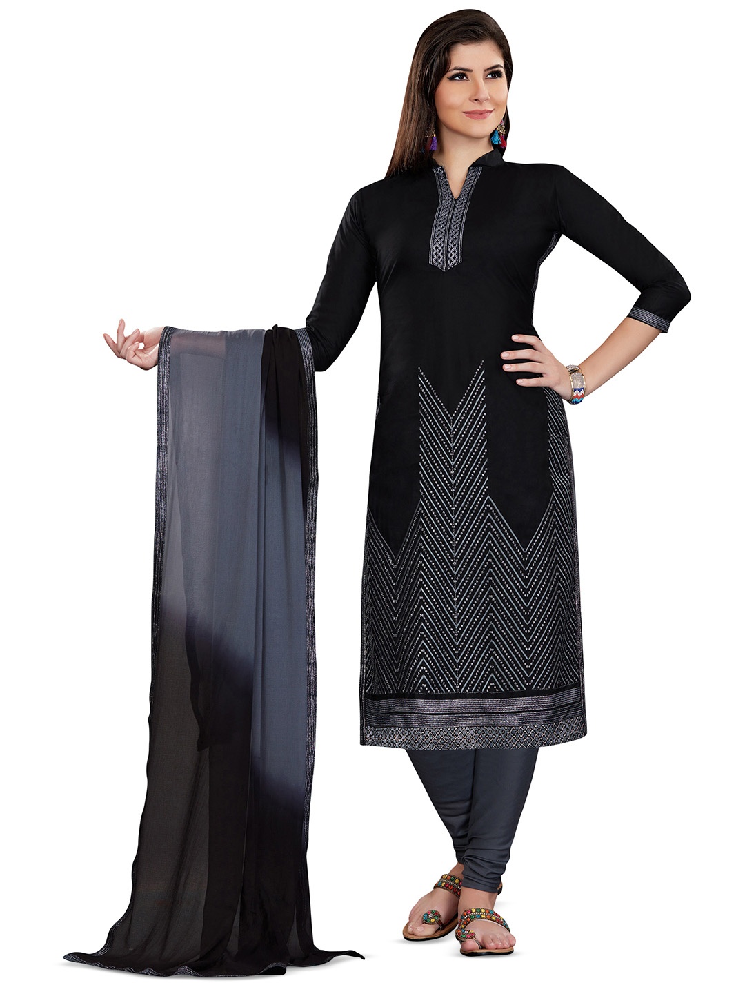

MANVAA Geometric Embroidered Unstitched Dress Material, Black