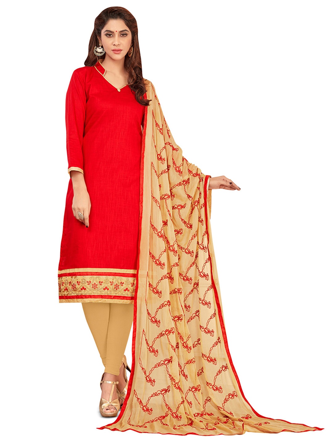 

MANVAA Ethnic Motifs Embroidered Thread Work Detailed Unstitched Dress Material, Red