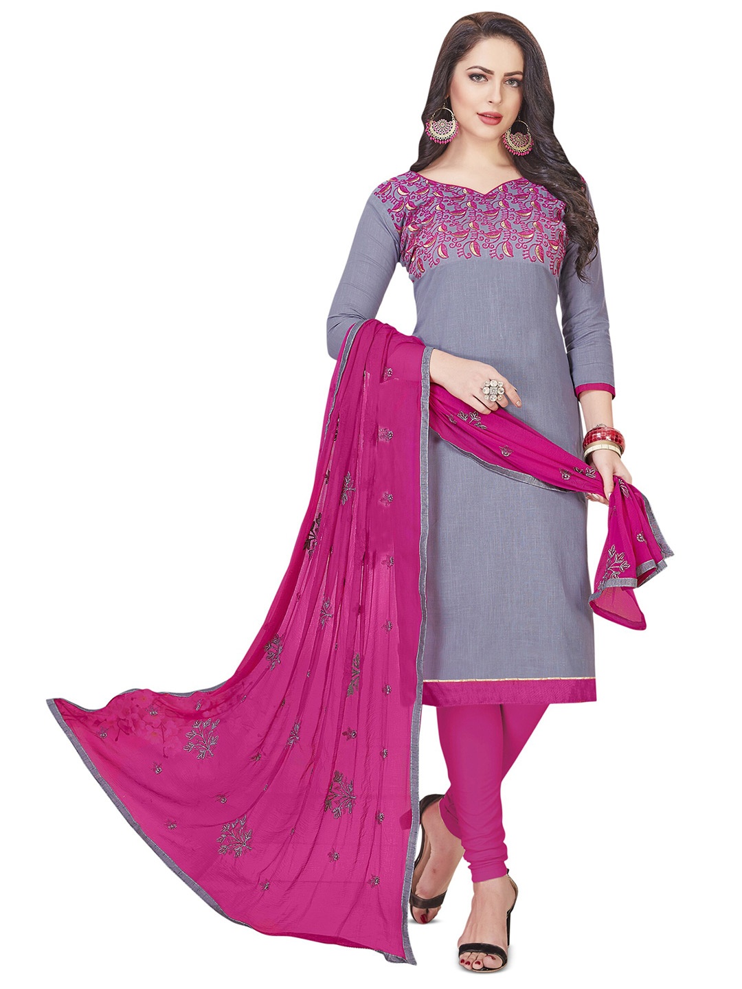 

MANVAA Ethnic Motifs Embroidered Thread Work Detailed Unstitched Dress Material, Grey