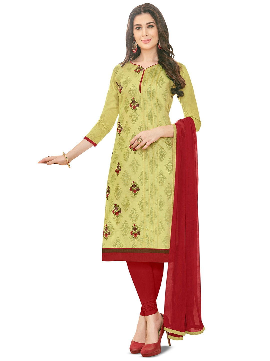 

MANVAA Ethnic Motifs Embroidered Thread Work Modal Cotton Unstitched Dress Material, Green