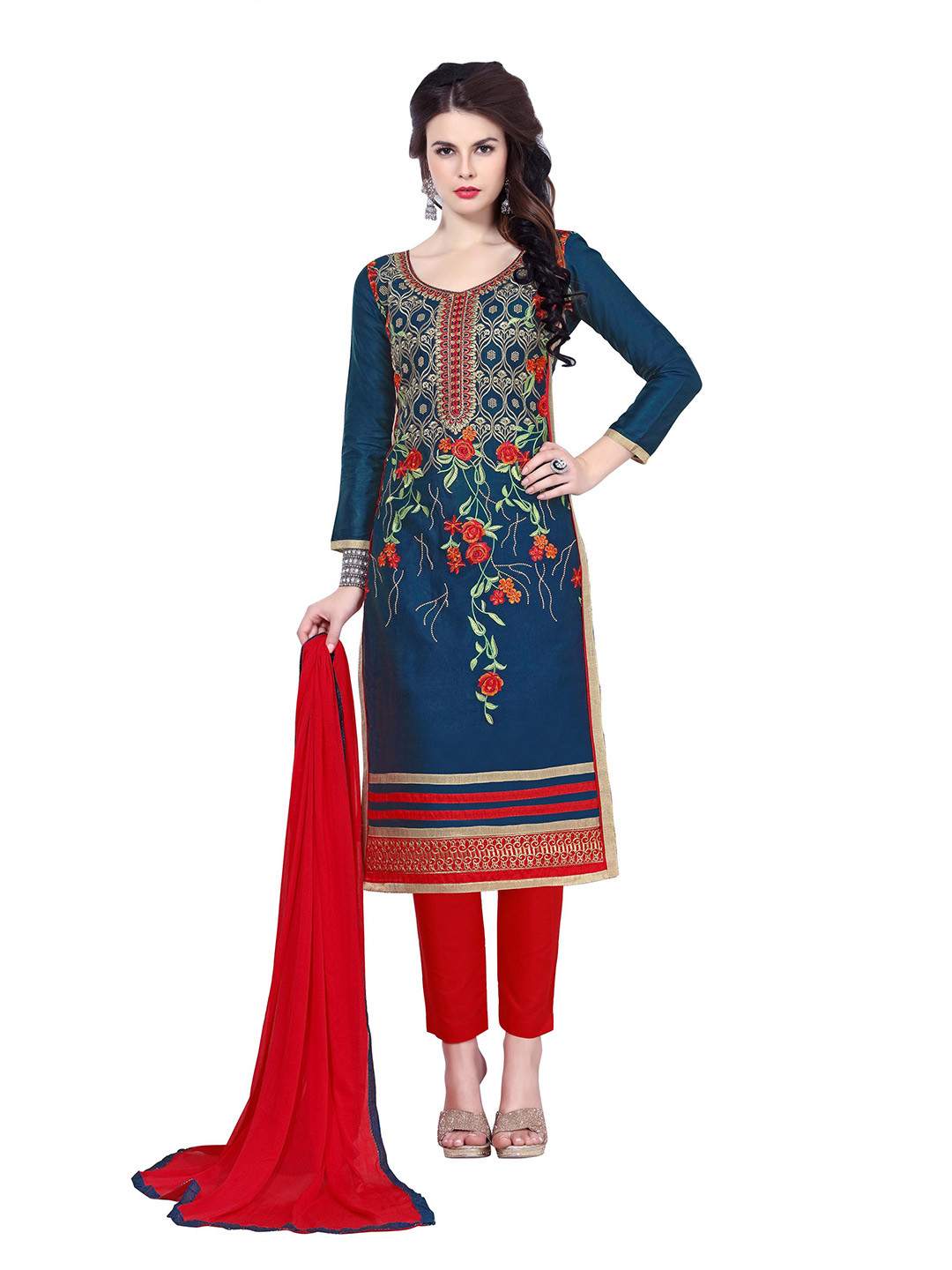 

MANVAA Floral Embroidered Glaze Cotton Unstitched Dress Material, Blue