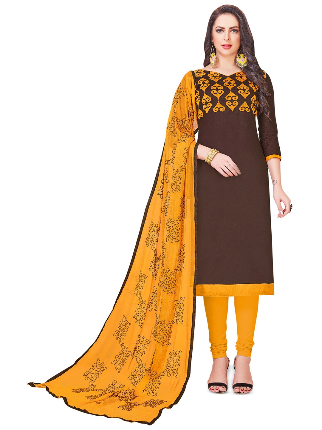 

MANVAA Embroidered Unstitched Dress Material, Brown