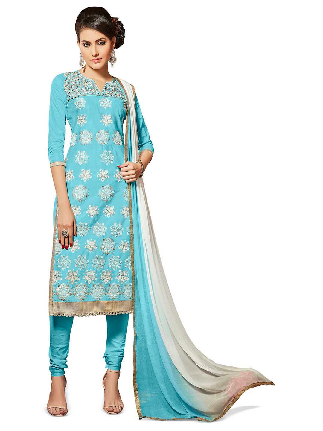 

MANVAA Floral Embroidered Glaze Cotton Unstitched Dress Material, Blue