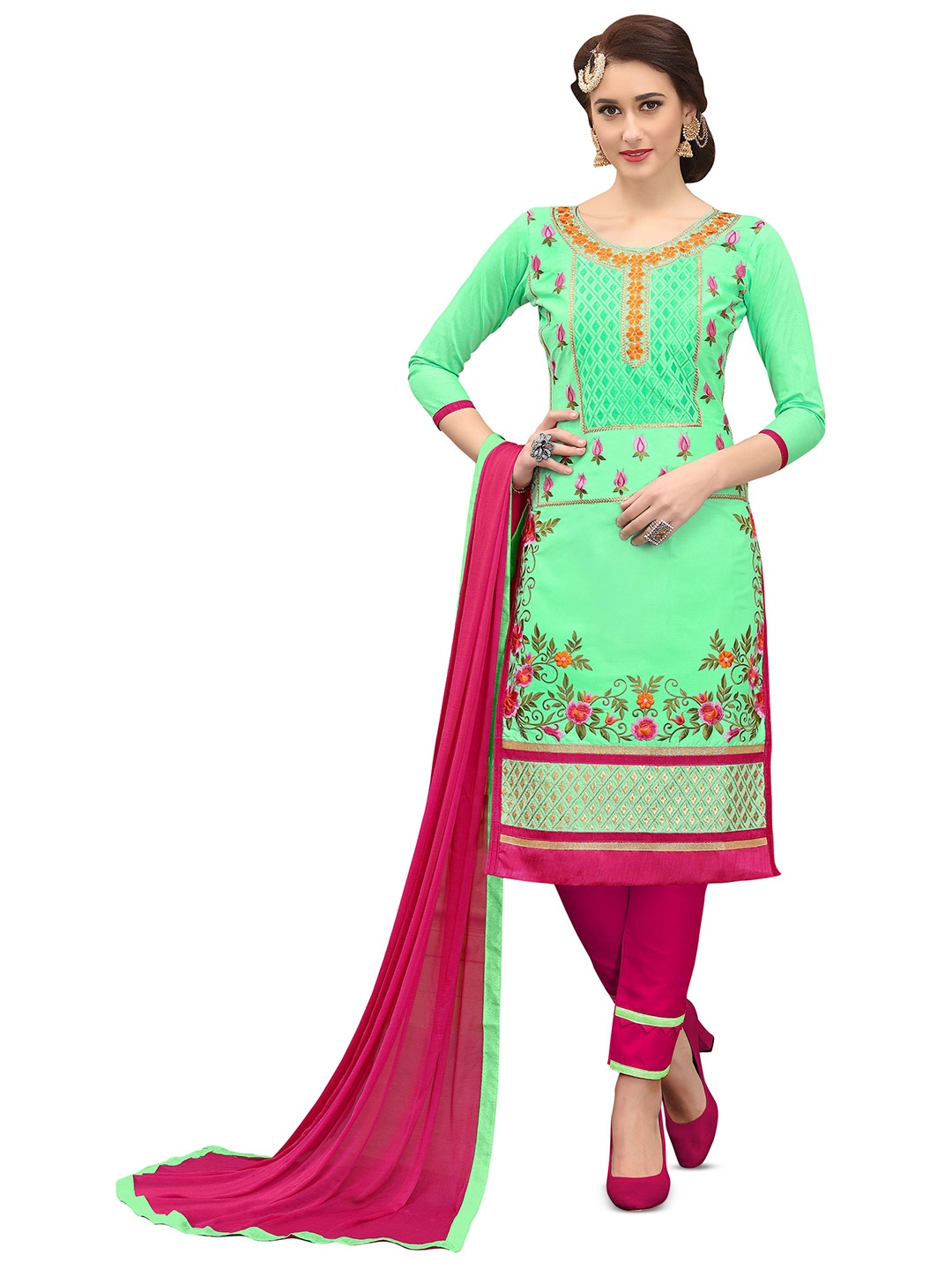 

MANVAA Floral Embroidered Unstitched Dress Material, Green