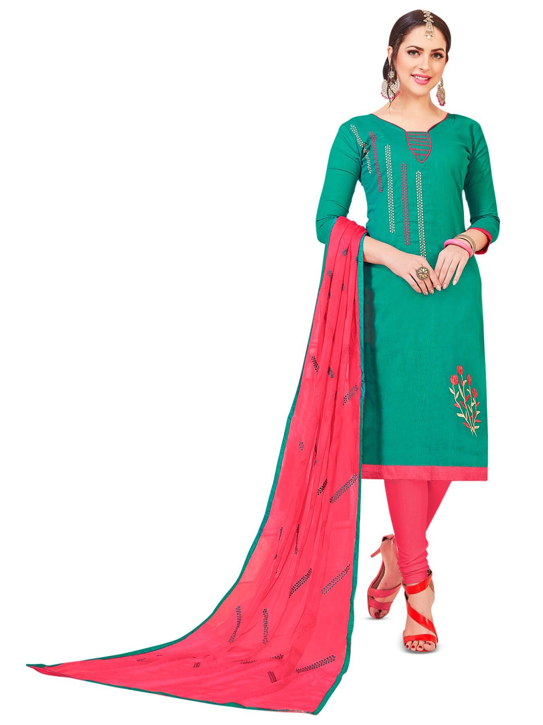 

MANVAA Ethnic Motifs Embroidered Unstitched Dress Material, Green
