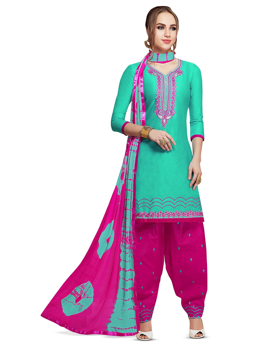 

MANVAA Floral Embroidered Pure Cotton Unstitched Dress Material, Sea green