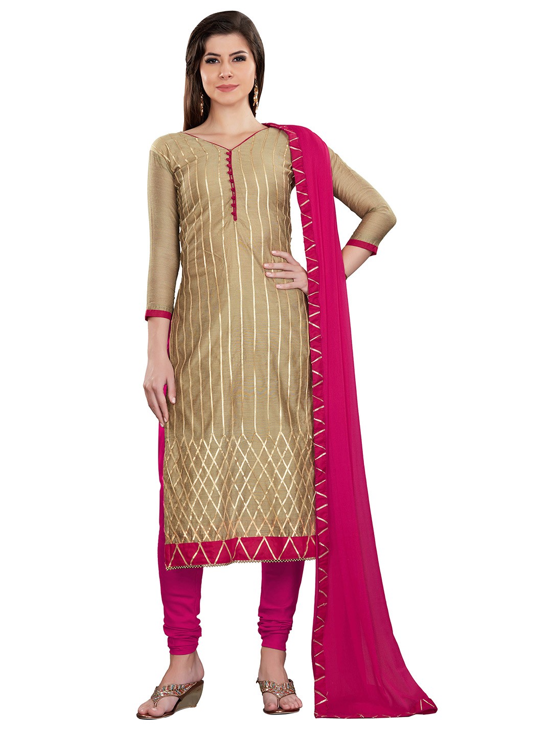 

MANVAA Striped Gotta Patti Unstitched Dress Material, Beige