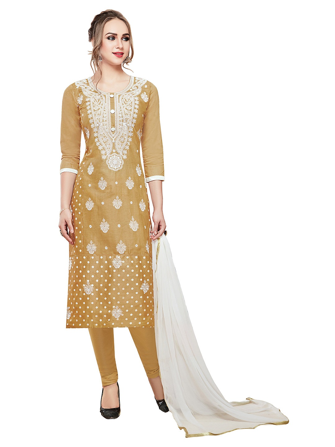 

MANVAA Floral Embroidered Pure Cotton Unstitched Dress Material, Beige