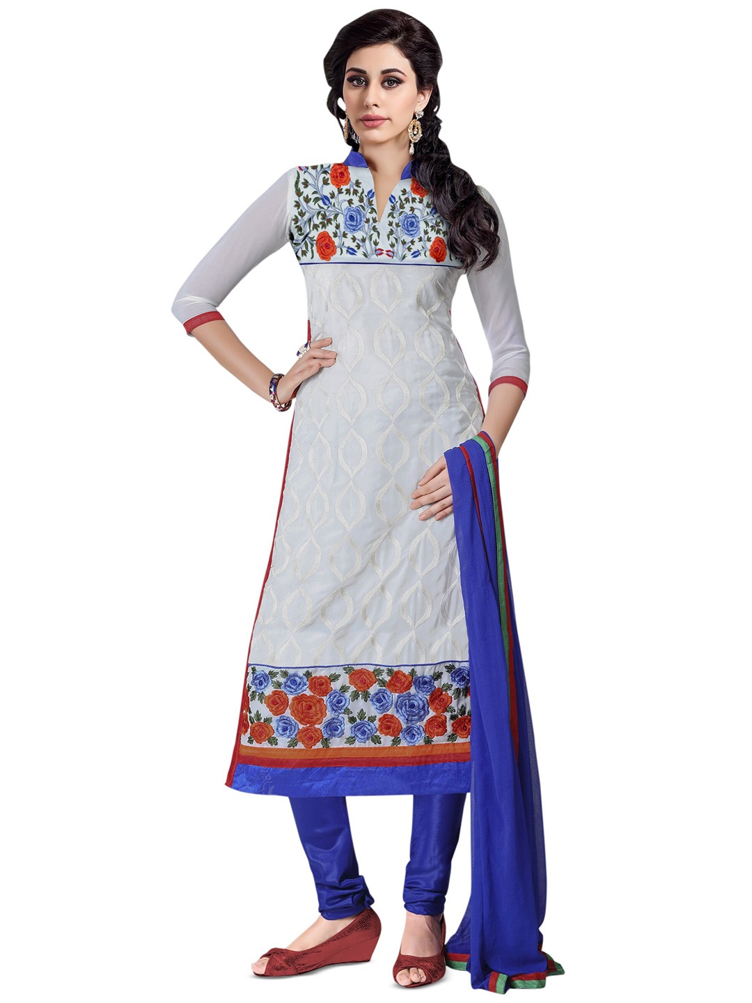 

MANVAA Embellished Silk Georgette Unstitched Dress Material, White