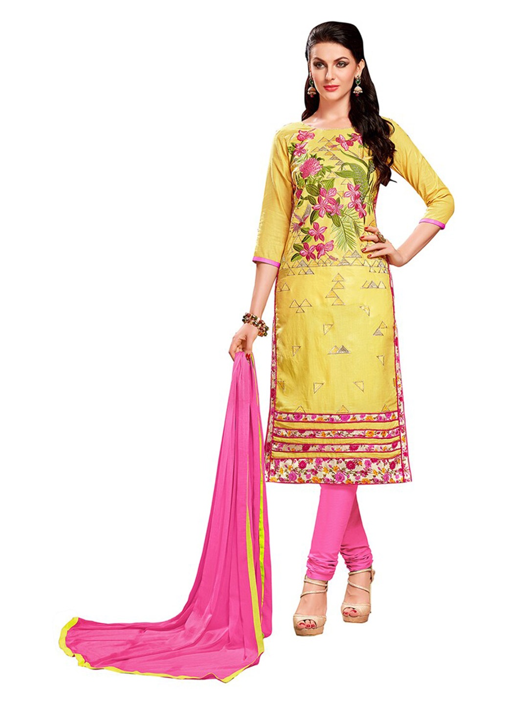 

MANVAA Floral Embroidered Unstitched Dress Material, Yellow