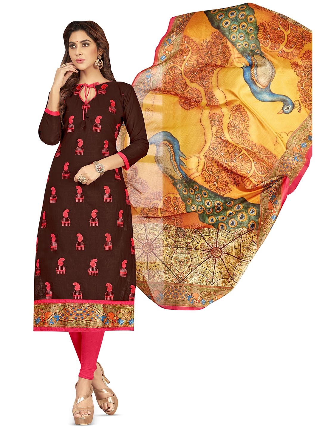 

MANVAA Ethnic Motifs Embroidered Unstitched Dress Material, Brown