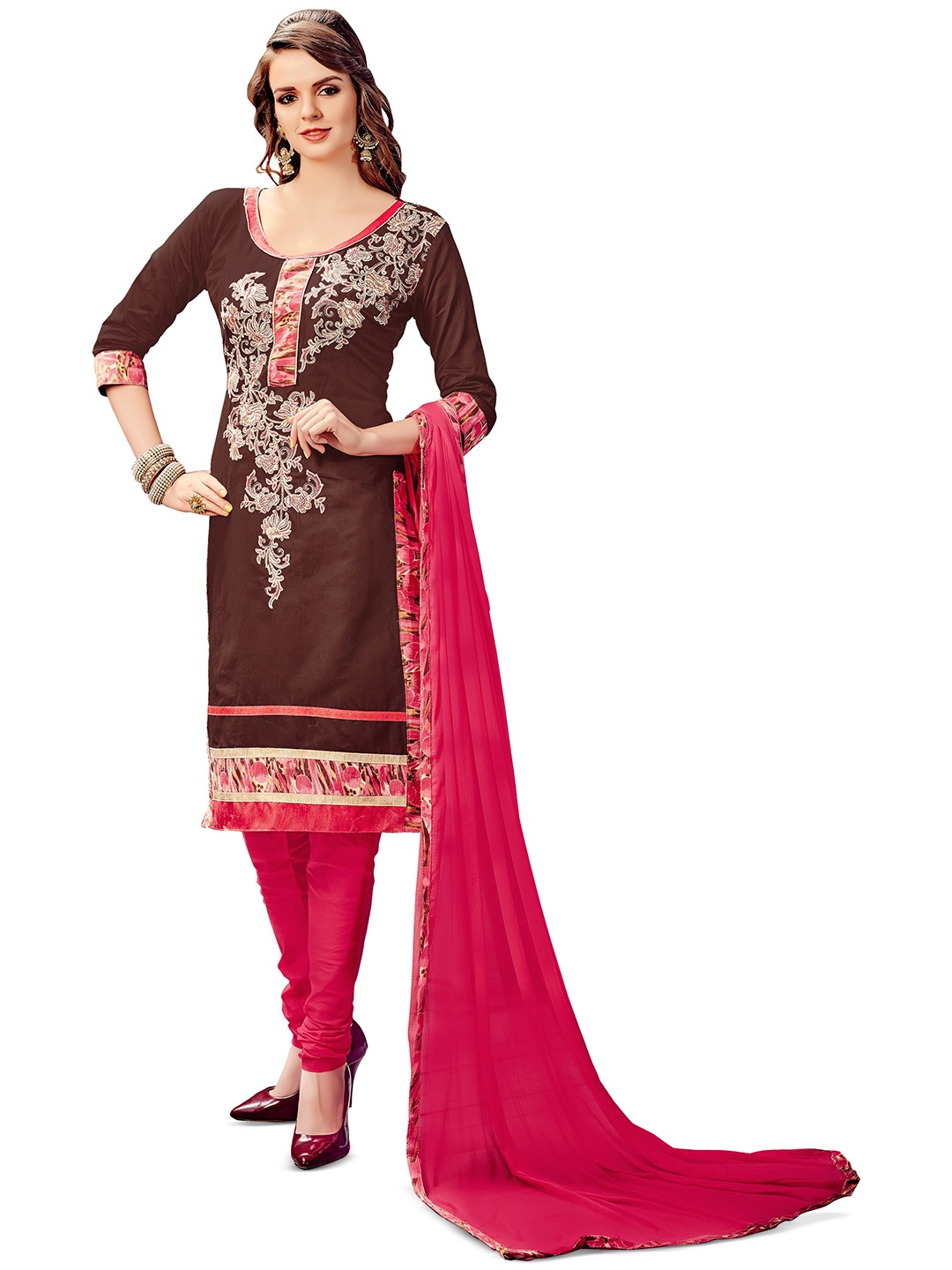 

MANVAA Ethnic Motifs Embroidered Sequinned Unstitched Dress Material, Brown