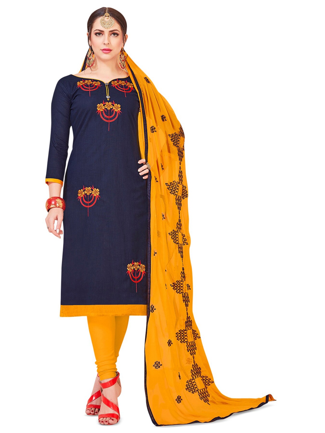 MANVAA Ethnic Motifs Embroidered Unstitched Dress Material, Blue