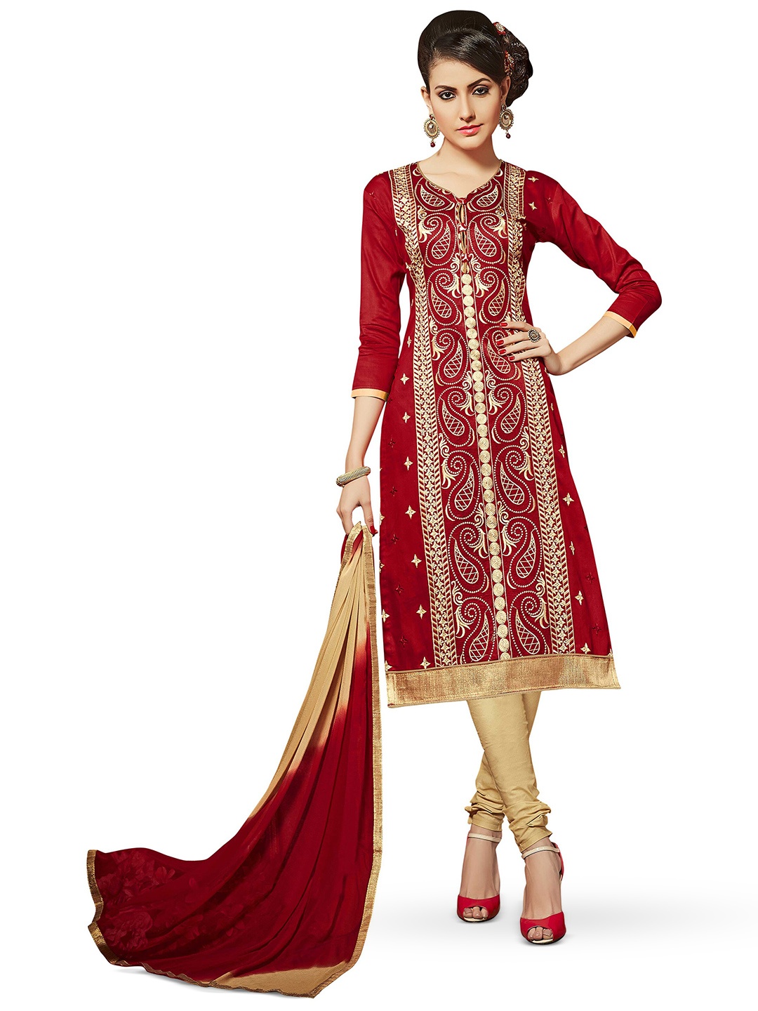 

MANVAA Ethnic Motifs Embroidered Unstitched Dress Material, Red