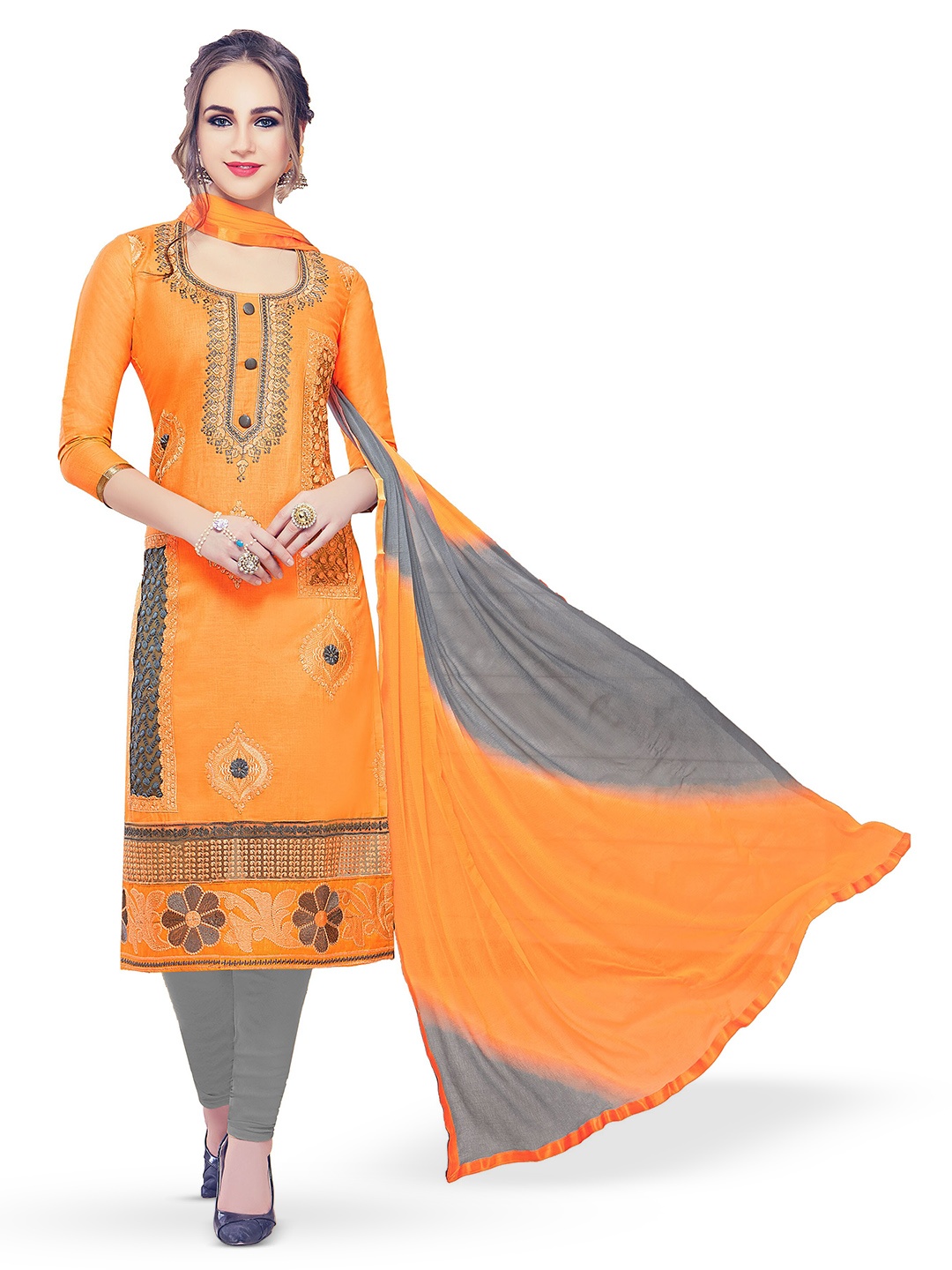 

MANVAA Ethnic Motifs Embroidered Thread Work Detailed Unstitched Dress Material, Orange